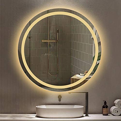 Bathroom mirror JWZQ Specchio Bagno Rotondo L&ED, Specchio Cosmetico Illuminato, Specchio Argento HD 5MM, Retroilluminato, Senza Cornice, 50/60/70/80 cm (Bianco/Caldo)