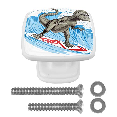 Set di 4 maniglie rotonde per armadio da cucina, credenza, cassettiera, cassettiera, con viti, per cucina, comò, armadietto, bagno, armadio T-REX Dinosaur Surf