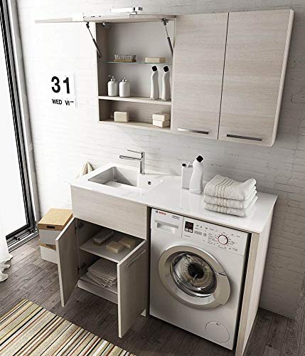 Mobile lavanderia, L127 cm P50 cm, Lavabo In Ocritech, Vasca Integrata, Lampada led, Top legno L62 P50, Base p/Lavabo 2 ante, Specchio contenitore,Tavoletta lavapanni, Pensile 2 ante