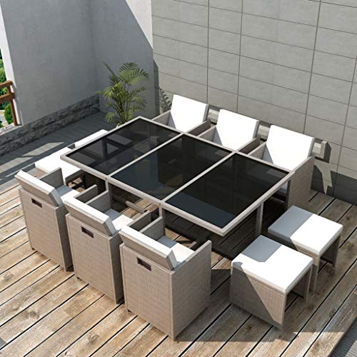 UnfadeMemory Set da Pranzo da Giardino per Giardino o Patio 11 pz con Cuscini in Polyrattan Beige