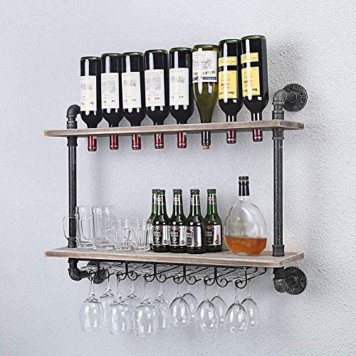 Mengyuan Stile Industriale Scaffale da Parete per Vino, A 2 Ripiani in Legno, Rustico, con Supporto in Vetro, da Appendere, per La Casa, Il Soggiorno, La Cucina