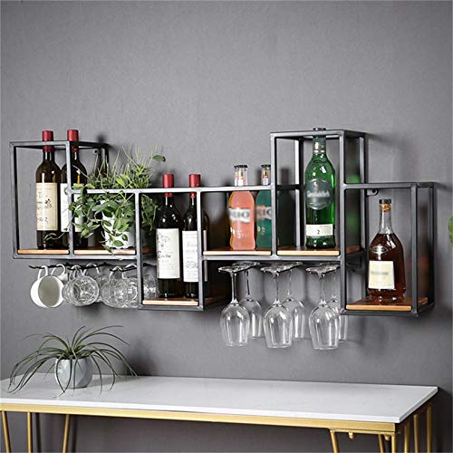 Porta bottiglie da vino Portabottiglie industriale a parete con 3 portabicchieri, 3 portabicchieri per acqua, ripiani galleggianti a 2 piani in pino, soggiorno, soggiorno, cucina, arredamento, espo