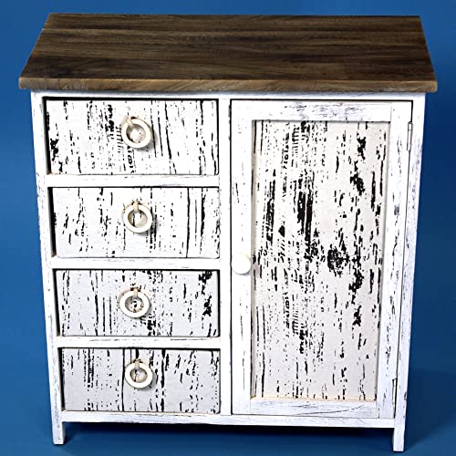 GeKi Trend Chabby Chic - Cassettiera in legno con 4 cassetti, 1 anta, stile rustico, stile vintage, colore bianco anticato, per bagno, decorazione per la camera da letto, 59 x 64 cm