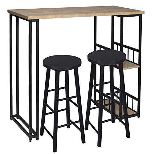 WOLTU Tavolo Alto da Bar con 2 Sgabelli Bancone per Cucina in Acciaio Legno BT25hei+BH130sz-2