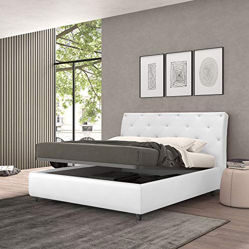 Talamo Italia Letto contenitore piazza e mezza Strauss, Made in Italy, Struttura in ecopelle imbottita, Adatto a materasso 120x190 cm, Bianco