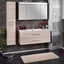 FACKELMANN B.Clever - Set di mobili da bagno, 3 pezzi, 120-150 cm, in frassino con lavabo in marmo, con armadietto a specchio a LED