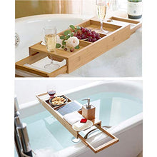 Vassoio Telescopico Vasca, Massello Antiscivolo Stoccaggio Caddy Vasca Basamento iPad Lettura Vino Vetro Candela Ponte Vasca, 53-90x20cm, Adatto per Lo Stoccaggio Bagno
