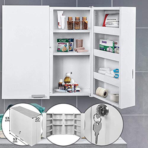 NOVA Armadietto per Farmaci con 11 Ripiani e 2 Ante, con 2 Chiavi, 53x53x20cm, Acciaio, da Bagno - Armadietto Pensile Medicinali, Cassetta Porta Medicine, Armadio Pronto Soccorso