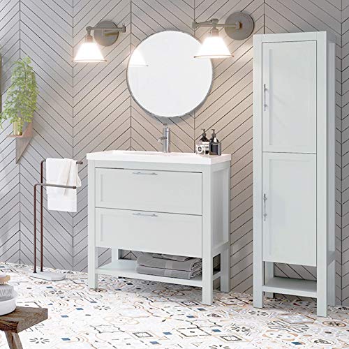 Randalsa - Mobile da bagno, larghezza 100 cm, stile classico a pavimento Kansas | Bianco opaco | Maniglia argento anticato | 101 x 89 x 46 cm Mobile + lavabo in ceramica | 2 cassetti