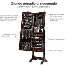 COSTWAY Armadietto Portagioie Specchiera per Gioielli con Chiave e Luci LED, Specchio Figura Intera da Terra, 160x41,5x37cm (Marrone)