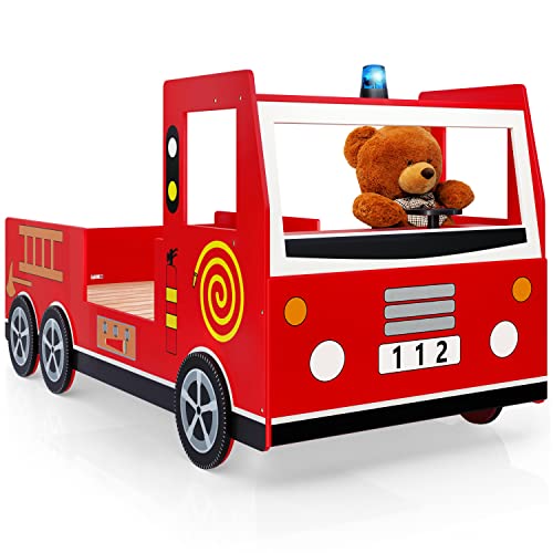 Deuba Letto per Bambini Junior Letto Stile Pompieri Camion Vigili del Fuoco con Sirena e Ruote in 3D 205 x 94,5 x 103 cm