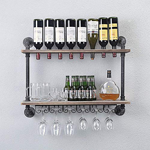 FURVOKIA - Scaffale da parete per vino industriale, rustico, con supporto in vetro, da appendere al muro, a 2 ripiani in legno, per casa, soggiorno, cucina, espositori (61 cm)