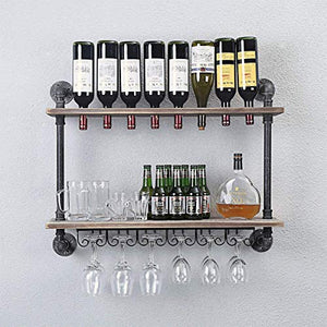 FURVOKIA - Scaffale da parete per vino industriale, rustico, con supporto in vetro, da appendere al muro, a 2 ripiani in legno, per casa, soggiorno, cucina, espositori (61 cm)