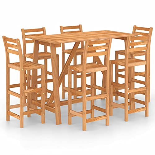 Tidyard 5/7 pz Set da Bar da Giardino in Legno Massello di Acacia,Set Tavolo e Sedie da Bar da Giardino Esterno Legno,Set Tavolo e Sedie da Cucina Legno,Set Tavolo e 2/4/6 Sgabelli da Bar in Legno