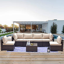 Set di Mobili Patio 7 Pezzi Set Sofà PE Set di Divano in Rattan Set Marrone Conversazione con Conversazione in Vimini Manuale con 6 Cuscini di Seduta Sabbia E 1 Tavolino in Vetro Temperato
