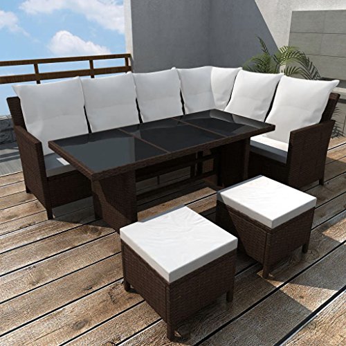Tidyard Set Divani da Giardino 4 pz con Cuscini in Polyrattan Marrone, Set Divani da Giardino, Set Divani da Giardino da Esterno 220 x 172 x 82 cm