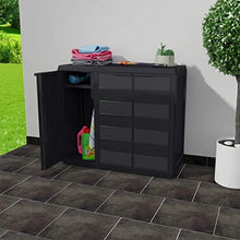 Armadietto basso da giardino, armadio da esterno con 3 ante e 2 ripiani regolabili, armadio in plastica, 97 x 38 x 87 cm, nero