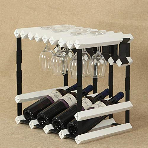 NYDZDM - Portabottiglie da cucina autoportante per bottiglie di vino, in legno di pino, 4 bottiglie da appendere per bicchieri da vino, supporto in metallo, acciaio, legno, portabottiglie, bianco