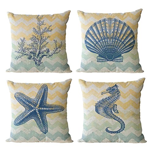 Gspirit 4 Pack Spiaggia Mare Tema Cotone Biancheria Cuscino Decorativo Caso Federa per Cuscino 45x45 cm, Regalo Divertente