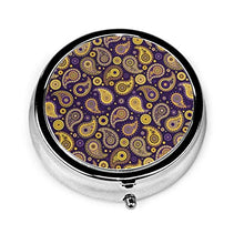 Poppin' Paisley viola oro rotondo pillola contenitore 3 scomparti in metallo medicina caso titolare vitamina organizzatore scatola decorativa per viaggi all'aperto