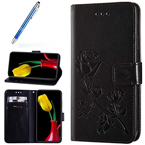 Robinsoni Cover Compatibile con Samsung Galaxy Grand Prime G530 Case Scintillare Glitters Lucido Portafoglio Libro Custodia Retro 3D Rosa Stampato Pelle PU Libretto Cover Foglio Flip Fiore Caso, Nero