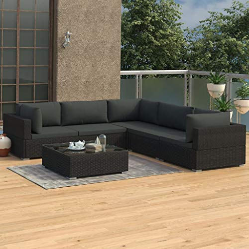 Festnight Set Divani da Giardino in Polyrattan, Set di Mobili da Giardino, Set Divano Esterno con Cuscini Nero 6 pz