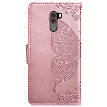Saceebe Compatibile con Xiaomi Pocophone F1 Custodia pelle Cover a libro Portafoglio Flip Case [Custodia in pelle goffrata con fiori e farfalle con cordino] anteriore e posteriore Bumper Case,oro rosa