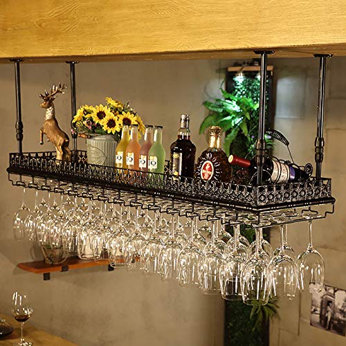 FAFZ Portavini Scaffale Galleggiante da Bar Vintage Industriale, Portabottiglie per Vino in Metallo A Soffitto, Supporto per Calice Sospeso, Regolabile in Altezza, Espositore per Espositore da Bar