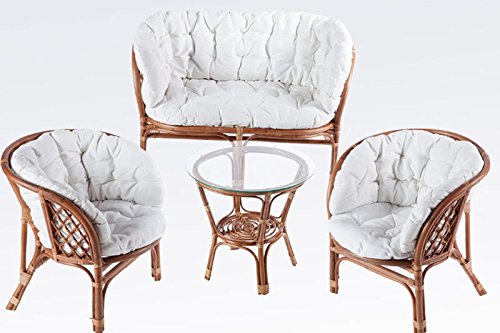 DiKasa SALOTTO RATTAN SET 4 PEZZI CON CUSCINI BIANCHI AVVOLGENTI
