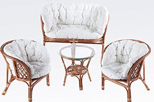 DiKasa SALOTTO RATTAN SET 4 PEZZI CON CUSCINI BIANCHI AVVOLGENTI