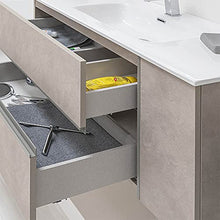 Mobile bagno sospeso 90/110 cm, cassetti e ante con chiusura rallentata, completo di specchio e lavabo in ceramioa (Effetto Pietra Beige, Mobile 110 con lavabo e specchio)