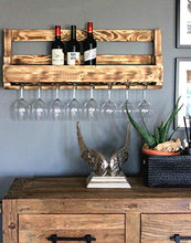 Scaffale da Vino in Legno per la Parete - con portabicchieri - Fiammato - Pronto per Il Montaggio - Ripiano per Bottiglie e Bicchieri da Vino