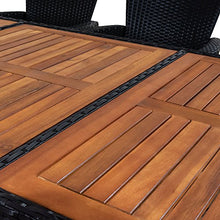 Deuba Salottino 1 Tavolo 6 Sedie impilabili in polirattan Nero e Legno di Acacia Cuscini Foderati Imbottiti Spessi 7cm