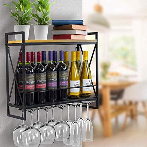 QWEA Portabottiglie per vino industriale Wine Lovers Mobili da bar Portabottiglie da appendere in metallo rustico a 2 livelli a parete per cucina-sala da pranzo-Cantina-Bar Facile installazione,