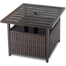 DREAMADE Tavolino in Rattan da Giardino con Foro per Ombrellone, Tavolo di Vimini da Esterno, Tavolino in Resina con Telaio in Acciaio, Marrone Scuro