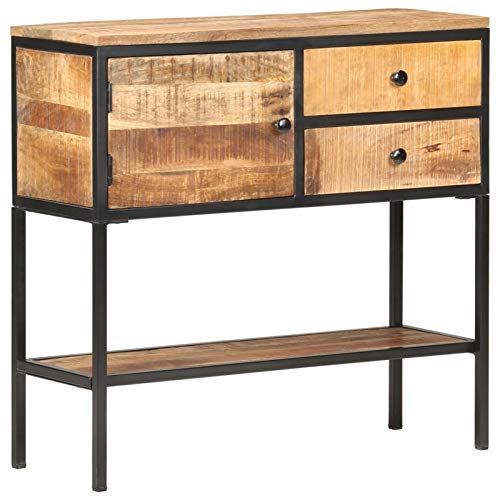 Tidyard Credenza 85x30x80 cm in Legno Massello di Mango Grezzo,con Un'anta, Due Cassetti e Un Ripiano