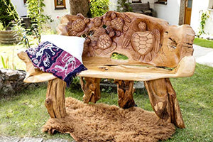 Windalf - Panchina da giardino rustica, 154 cm, con tartarughe portafortuna, realizzata a mano, in legno di radice