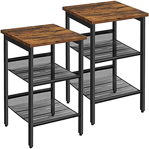 VASAGLE Tavolini a Lato Divano, Set di 2 Tavoli con Ripiani a Rete Regolabili, Stile Industriale, per Soggiorno, Camera da Letto, Corridoio, Ufficio, Marrone Vintage e Nero LET24X