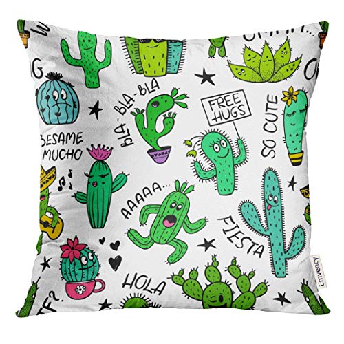N/A Cuscino Copricuscini,Federa,Divertente Colorato di Personaggi dei Cartoni Animati di Cactus E Succulente con Simpatico Cuscino Decorativo da Giardino per Giardino di Testo 45X45 Cm