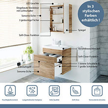 Planetmöbel Mobiletto da bagno in rovere Sonoma con lavabo da 60 cm e armadietto a specchio con illuminazione a LED, set di mobili da bagno