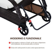 miozzi Set 2 Lettini Prendisole da Giardino in Rattan Sintetico Reclinabili Imbottiti con Rotelle e Tavolino Marrone