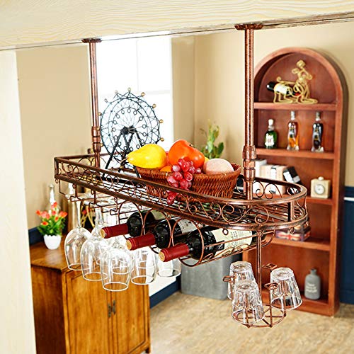 XWZJY Scaffale per Vino in Metallo Rustico a soffitto calici per Bicchieri da Vino, Appendiabiti per Organizer, può Contenere Fino a 3 Bottiglie di Vino e 15 Bicchieri (Dimensioni: 80 * 25 cm)