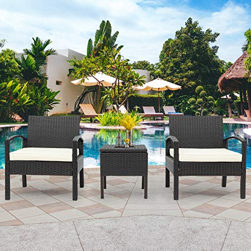 SUFUBAI - Set da 3 pezzi, in rattan intrecciato con mobili da giardino con 2 sedie e 1 tavolino da caffè con contenitore per giardino, veranda