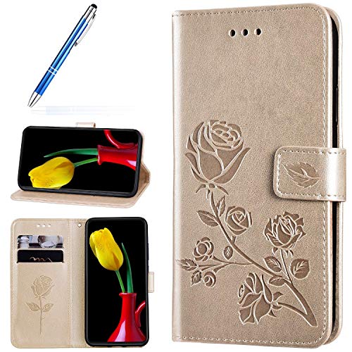 Robinsoni Cover Compatibile con Samsung Galaxy A6 Plus 2018 Case Scintillare Glitters Lucido Portafoglio Libro Custodia Retro 3D Rosa Stampato Pelle PU Libretto Cover Foglio Flip Magnetica Caso, Oro