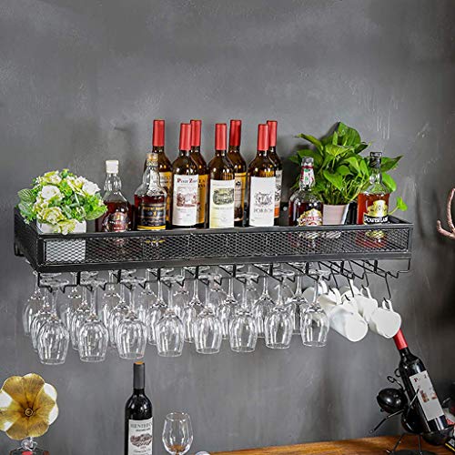 Portabottiglie da Parete con Supporto per Bicchiere da Vino Bar da Casa Creativo in Metallo Appeso Calice Portaoggetti Semplice Stile Industriale Retrò Robusto/Schwarz / 100×35 cm