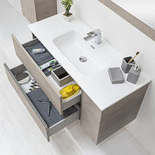 Mobile bagno sospeso 90/110 cm, cassetti e ante con chiusura rallentata, completo di specchio e lavabo in ceramioa (Effetto Pietra Beige, Mobile 110 con lavabo e specchio)