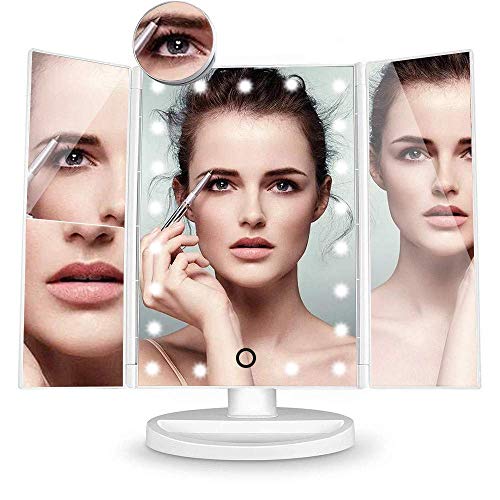 GaoF Specchio per Il Trucco Illuminato con luci e ingrandimento 2X / 3X / 10X, Touch Screen Plug-in, Rotazione Libera di 180, Specchio cosmetico da Tavolo Pieghevole a Tre Ante, specchietti Cosmetici