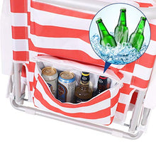 SONGMICS Sedia da Spiaggia Portatile, Alluminio, Tasca Termica e Cuscino, Spiaggina Pieghevole, Reclinabile, Leggera, Resistente, Sedia da Esterno, Righe Rosse e Bianche GCB63BU