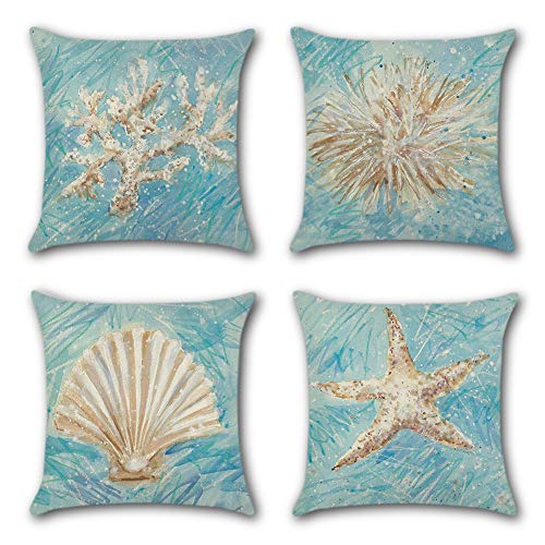Artscope Federe Cuscini Divano Poliestere Biancheria Gettare Set di 4 Decorativo Caso Federa per Cuscino Divano Letto Auto, 45 x 45 cm (Conchiglia/Riccio di Mare/Corallo/Stella Marina)