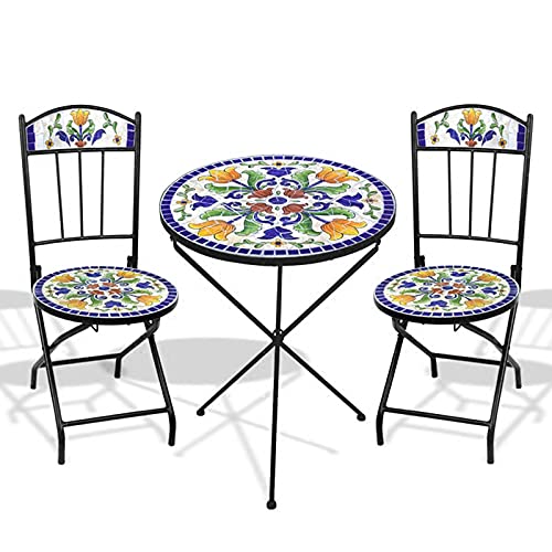 HZWZ Grand Patio 3Pc Set di Bistrot Pieghevole, Mosaico Artigianale 2 Sedie E 1 Tavolo, Conversazione Resistente alle Intemperie Set per Patio, Cortile, Balcone, Giardino, Blu